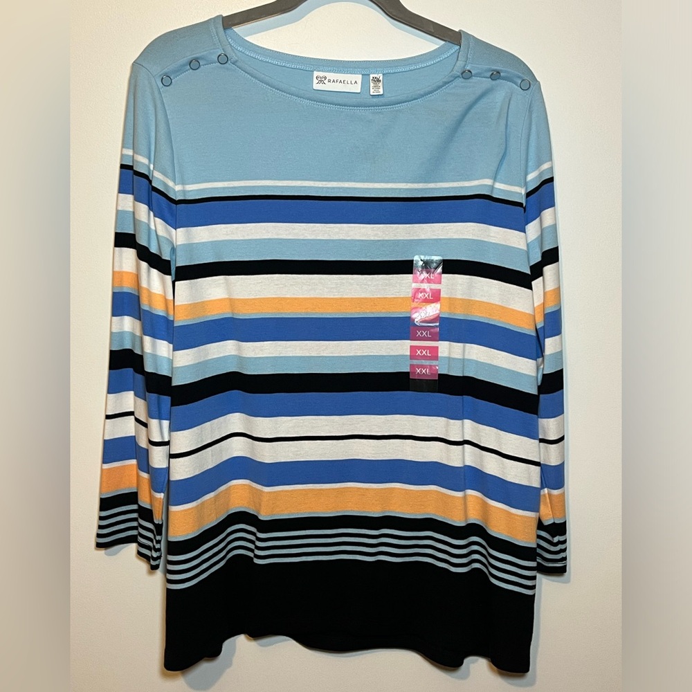 Rafaella Womens Shirt X-Large Blue Striped 3/4 Sleeve Faux Button Shoulder